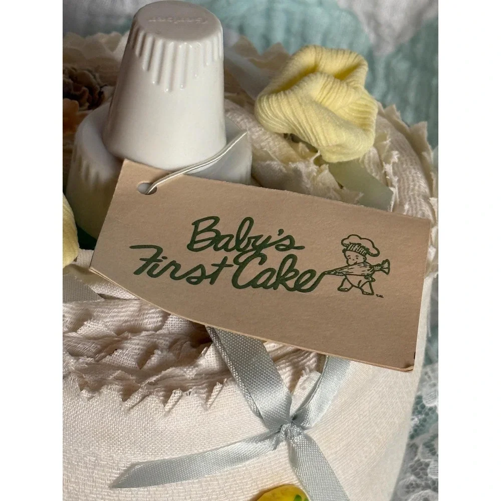 Vintage Baby Shower Diaper Cake with Original Tag – Preserved 1983 Keepsake